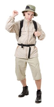 young man - tourist with backpack on a white background