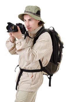 young man - tourist with backpack on a white background