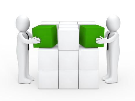 Two businessmen with tie stack green cubes