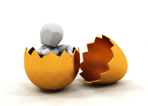 3D render of someone inside a golden Easter egg