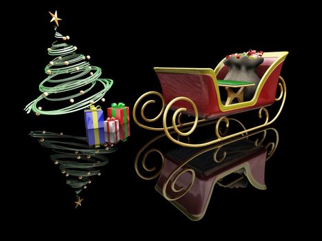 3D render of Santas sleigh, a Christmas tree and presents