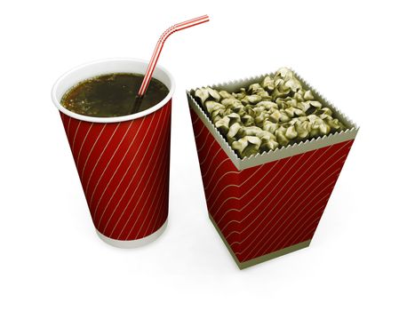 3D render of a soda drink and a carton of popcorn