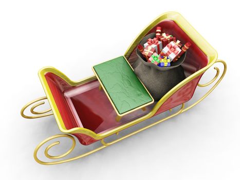 3D render of Santas sleigh with a sack of gifts