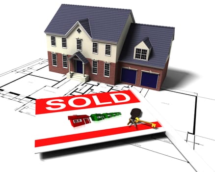 3D render of a house on blue prints with sold sign and keys