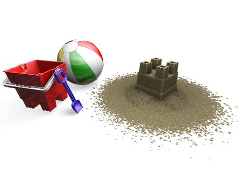 3D render of a sandcastle, beach ball, bucket and spade