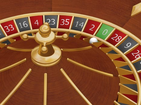 3D render of a roulette wheel with the ball on zero