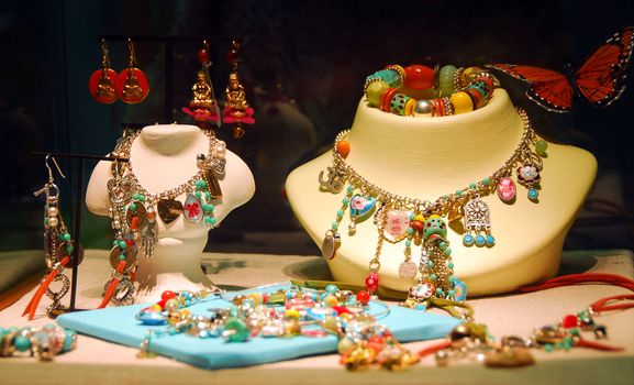 Fashion jewelry displayed in a jewelry store window