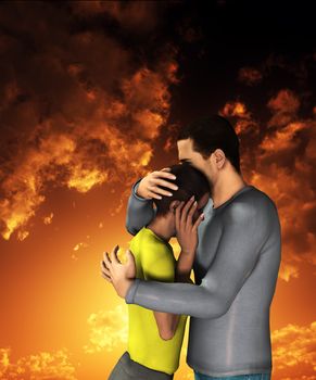 Man and women engaged in a sorrowful hug.