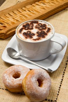 cappuccino with donuts and strudel