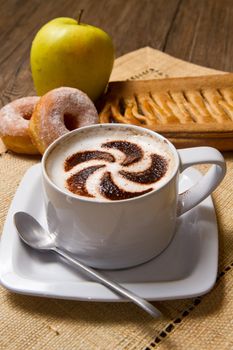 cappuccino with donuts and strudel