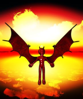 Devil with outstretched wings flying in a sunset sky.