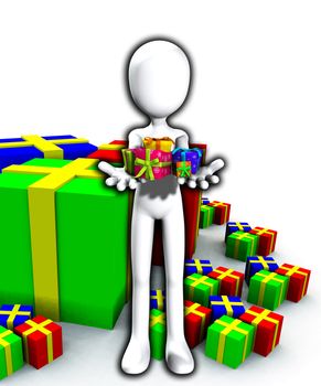 Blank faced figure holding up birthday presents and gifts.