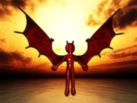 Devil with outstretched wings flying in a sunset sky.