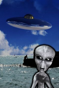 An angry looking alien with a UFO in the background.