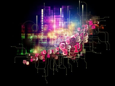 Interplay of electronic circuitry, digits and design elements on the subject of networking, digital processing, communications and modern technologies