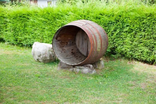 Old open barrel in the garden