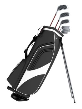 Black bag with golf clubs isolated on white background