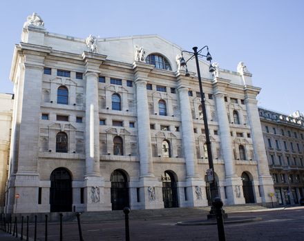 Palazzo della borsa. Exchange building on dramatic sky, Milan - Italy