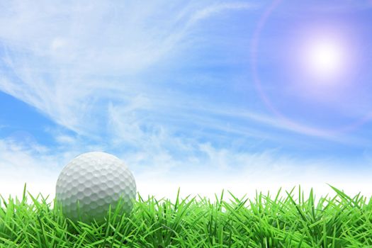 golf ball on green grass over sunny blue sky