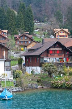 landscape vintage village around lake Thun, Switzerland