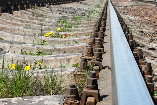 Railway rail in spring season close-up. Dandelions flowering between railroad ties among gravel