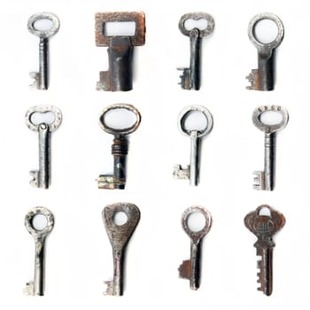 set of old metal keys on a white background