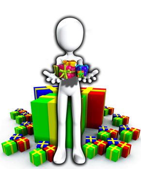 Blank faced figure holding up birthday presents and gifts.