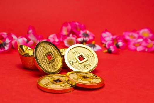 Golden nuggets and emperors coins with cherry plum blossoms on red surface for Chinese New Year