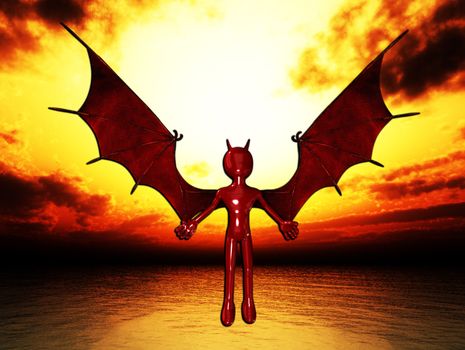 Devil with outstretched wings flying in a sunset sky.
