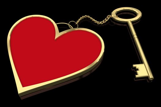 Red gold pendant in the shape of heart with a key isolated on black reflective background. 3d render