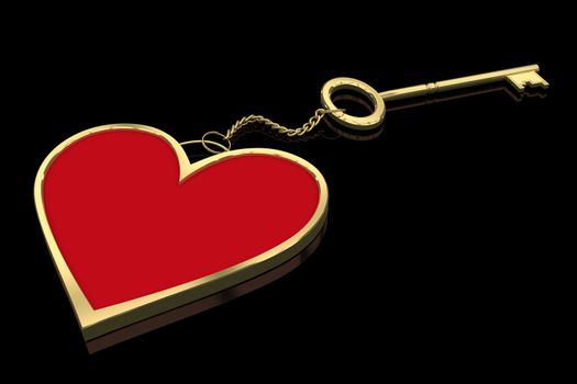 Red gold pendant in the shape of heart with a key isolated on black reflective background. 3d render