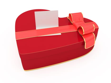 Deep red gift box of heart shape with blank greeting card. Decorated with gold stripes and red bow. 3d render