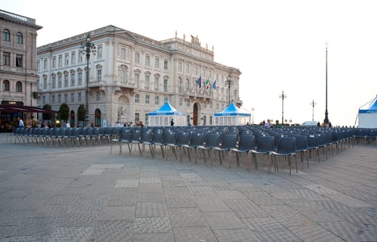 Chairs in the units square for a music concert. Feast of the police, Trieste