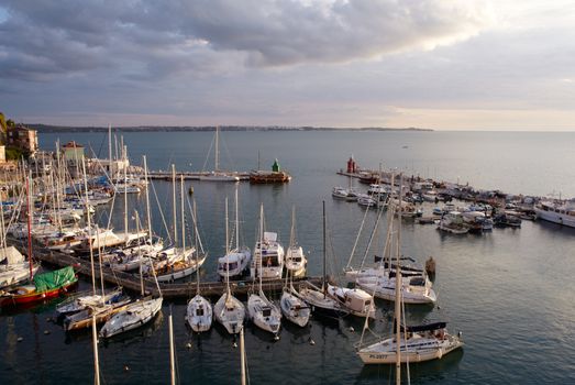 View of boats in the Piran harbor Slovenia