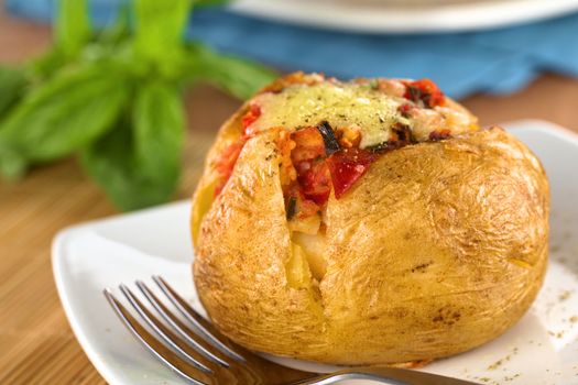 Baked potato with tomato filling and cheese on top (Selective Focus, Focus on the front of potato)