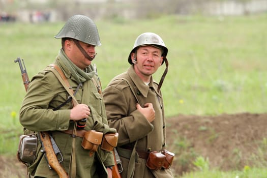 Odessa ,UKRAINE. May 8, 2011. German soldiers of WW2 at the combat. Military history club. Historical military reenacting. Demonstration for public historical reconstrucrion of one of combats between Soviet and German armies. German uniform WW2