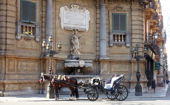 Buggy in the Quattro Canti, one of the octagonal four sides of Baroque square in Palermo - Italy