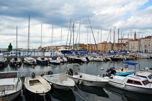 View of boats in the Piran harbor Slovenia