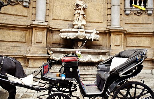 Buggy in the Quattro Canti, one of the octagonal four sides of Baroque square in Palermo - Italy