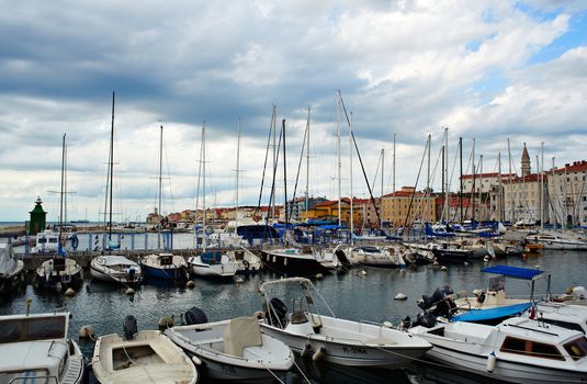 View of boats in the Piran harbor Slovenia