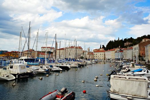 View of boats in the Piran harbor Slovenia