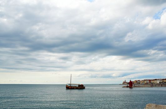 View of boat in the Piran sea, Slovenia