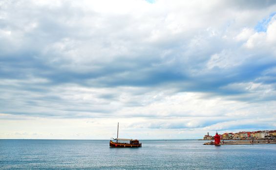 View of boat in the Piran sea, Slovenia