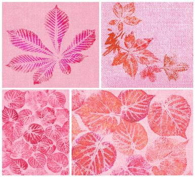 set abstract backgrounds, hand draw, pink and lilac leaves on canvas