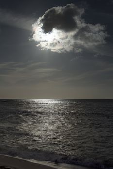 Sun hidden by the cloud with ocean shot like night to give dark and moody feel