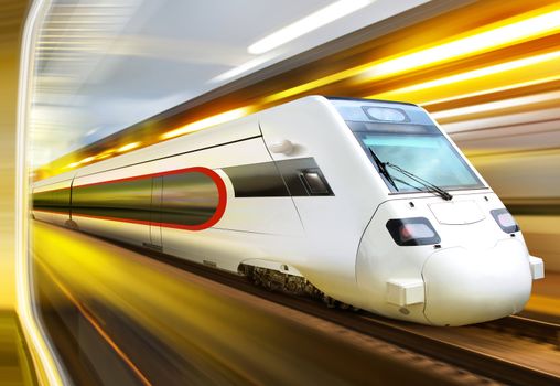 super streamlined train with motion blur moves in tunnel