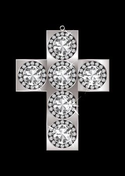 Silver crucifix pendant encrusted with diamonds and black background