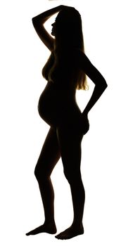 Silhouette of Naked Pregnant Woman isolate on white background. (Over white)