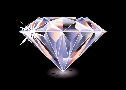 Artistic brightly coloured cut diamond with shadow and reflection on black background