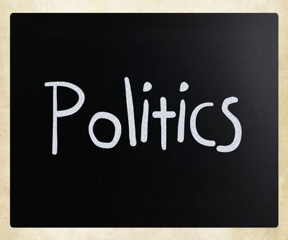 The word "Politics" handwritten with white chalk on a blackboard